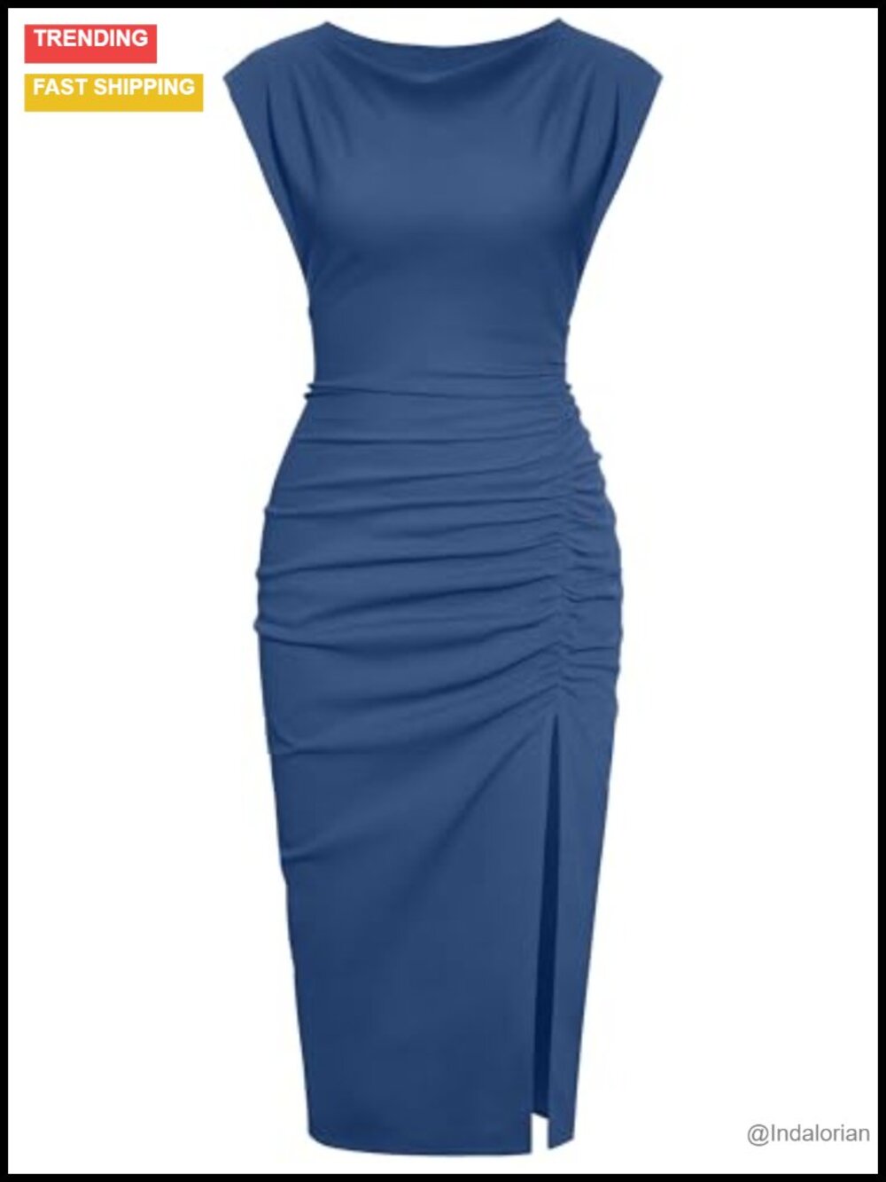 Mock Neck Side Slit Ruched Bodycon Midi Dress Cocktail Party